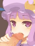  1girl breath brown_background crescent fellatio female hat mota oral patchouli_knowledge penis purple_eyes purple_hair saliva simple_background solo solo_focus tongue touhou uncensored 