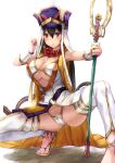  1girl 1girl armadillo-tokage ass bikini black_hair blush bracer breasts brown_hair cleavage earrings fate/grand_order fate_(series) hat huge_breasts jewelry long_hair necklace sandals squatting staff stockings sweat swimsuit video_game_character video_game_franchise white_bikini white_thighhighs xuangzang_sanzang_(fate) 