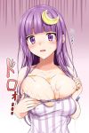  1girl bare_shoulders blush breast_squeeze breasts bursting_breasts bust bust_cup cleavage crescent crescent_hair_ornament egg egg_yolk female hair_ornament highres huge_breasts large_breasts long_hair messy miki_purasu patchouli_knowledge purple_eyes purple_hair sexually_suggestive solo striped touhou upper_body 