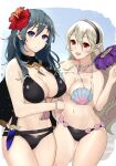  2_girls alluring bare_legs bare_shoulders big_breasts bikini black_bikini black_swimsuit blue_eyes byleth_(fire_emblem)_(female) byleth_(summer)_(fire_emblem)_(female) cleavage corrin_(fire_emblem)_(female) corrin_(summer)_(fire_emblem)_(female) dagger female_only fire_emblem fire_emblem:_three_houses fire_emblem_cipher fire_emblem_fates fire_emblem_heroes flower flower_in_hair hartman_hips knife long_hair looking_at_viewer manakete nintendo open_smile pointy_ears raised_eyebrows red_eyes shell shell_bikini smile sobasakuhin swimsuit teal_hair video_game video_game_character video_games 
