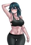 1girl aeeldora after_workout alluring ass_visible_through_thighs bare_midriff big_breasts blush breasts byleth_(fire_emblem) byleth_(fire_emblem)_(female) cleavage drie fire_emblem fire_emblem:_three_houses fully_clothed heavy_breathing looking_at_viewer medium_hair nintendo open_mouth pants sweat sweating_profusely tank_top teal_hair thigh_gap white_background workout