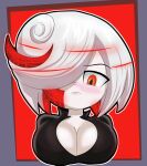  1girl big_breasts black_dress blush cleavage dress embarrassed hair_over_one_eye looking_down red_eyes red_highlights sage_(sonic) sega solo_focus sonic_frontiers two_tone_hair white_hair yelladrill 