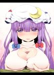  1girl alternate_costume blush bow breast_hold breasts cleavage_cutout crescent female hair_bow hat heart heart_cleavage_cutout heart_cutout letterboxed long_hair looking_at_viewer oborozuki paizuri paizuri_under_clothes patchouli_knowledge penis penis_under_clothes pov pov_eye_contact purple_eyes purple_hair rougetsu_(eclipse) simple_background solo solo_focus sweater touhou uncensored very_long_hair 