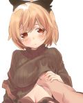  1girl blonde_hair breast_grab breasts female grabbing guided_breast_grab kurodani_yamame large_breasts looking_at_viewer pine red_eyes ribbed_sweater simple_background solo_focus sweater touhou white_background 