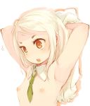  1girl armpits arms_behind_head arms_up blonde_hair bust detached_collar face female flat_chest hime_eyebrows mota necktie nipples no_nose open_mouth original red_eyes simple_background sketch solo upper_body white_background 