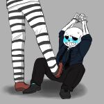 2010s animated_skeleton blue_blush blush bottom_sans clothed domination drooling eli-sin-g faceless_character foot_on_crotch grey_background handcuffed handcuffs hands_over_head kolesjoie looking_up male monster neck_tie prison_clothes prison_outfit saliva sans sans_(undertale) simple_background skeleton stepped_on sweat uke_sans undead undertale undertale_(series) uniform unseen_character