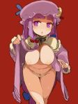  1girl breasts crescent dress female hanging_breasts hat highres large_breasts leaning_forward long_hair mota nipples no_bra no_nose open_clothes open_dress panties patchouli_knowledge plump purple_eyes purple_hair red_background side-tie_panties simple_background sketch solo thighs touhou underwear very_long_hair 