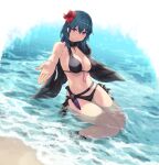 1girl alluring belt big_breasts bikini black_bikini black_footwear black_swimsuit blue_eyes breasts byleth_(fire_emblem) byleth_(fire_emblem)_(female) byleth_(summer)_(fire_emblem)_(female) cait cait_aron cleavage commentary female_only fire_emblem fire_emblem:_three_houses fire_emblem_heroes flower green_hair hair_flower hair_ornament hibiscus high_res jewelry knife knife_holster looking_at_viewer medium_hair necklace nintendo outstretched_hand partially_submerged reaching_out sandals shawl sitting solo_female swimsuit teal_hair wading wariza water