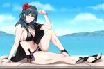 1girl alluring alternate_costume arm_support bangs big_breasts bikini black_bikini black_cape black_swimsuit blue_eyes blue_sky breasts byleth_(fire_emblem) byleth_(fire_emblem)_(female) byleth_(summer)_(fire_emblem)_(female) cape cleavage closed_mouth cloud commission dagger day english_commentary feet female_only fire_emblem fire_emblem:_three_houses fire_emblem_heroes flower full_body groin hair_between_eyes hair_flower hair_ornament hand_up high_heels knife legs lindaroze long_hair looking_at_viewer midriff nintendo ocean official_alternate_costume outside paid_reward_available sandals shadow sidelocks single_bare_shoulder sitting sky smile swimsuit teal_hair thighs toes weapon wrist_guards