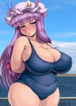  1girl arms_behind_back astraea13 breasts cleavage curvy fat female hat huge_breasts impossible_clothes impossible_swimsuit long_hair one-piece_swimsuit patchouli_knowledge plump purple_hair school_swimsuit solo swimsuit touhou 