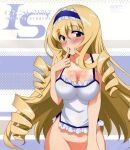  1girl 1girl 1girl alluring big_breasts big_breasts big_breasts blonde_hair blue_eyes blush bow breasts cecilia_alcott cleavage curvy drill_hair female_only finger_to_mouth hairbow high_res infinite_stratos long_hair looking_at_viewer naked_from_the_waist_down official_style parted_lips pink_lips sensual shirt sleeveless very_long_hair voluptuous 