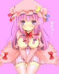  1girl blush bow breasts breasts_outside crescent crescent_hair_ornament female hair_ornament hat long_hair looking_at_viewer nipples patchouli_knowledge purple_background purple_eyes purple_hair simple_background solo thighhighs touhou v_arms white_legwear yumemomosaka 