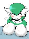  big_breasts breasts_on_table chest_jewel creatures_(company) game_freak gardevoir gen_3_pokemon green_hair hair_over_one_eye nintendo pokemon pokemon_(anime) pokemon_(creature) pokemon_(game) pokemon_(species) red_eyes simight 