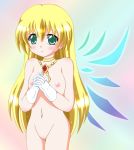  1girl blonde blonde_hair blush breasts colette_brunel female gloves green_eyes hair jewelry long_hair navel necklace nipples nude pussy solo tales tales_of_(series) tales_of_symphonia uncensored white_gloves wings 