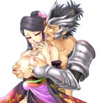 1boy 1girl armor bad_id big_breasts black_hair breast_grab breast_squeeze breasts capcom closed_eyes couple devil_kings grabbing grope hair horny huge_breasts lady_butterfly lick lipstick love nail_polish nipples nouhime nouhime_(sengoku_basara) oda_nobunaga oda_nobunaga_(sengoku_basara) open_mouth sengoku_basara sex simple_background tokisige tongue tongue_out white_background