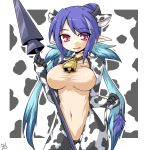  1girl animal_costume animal_ears big_breasts blue_hair breasts collar cow_bell cow_ears cow_girl cow_print cowbell horns judith large_breasts pointy_ears red_eyes smile tail tales tales_of_(series) tales_of_vesperia 