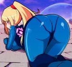  2_girls all_fours ass blonde_hair blue_eyes blue_hair blush bodysuit breasts butt_crack chibi dark_samus from_behind huge_ass large_breasts long_hair looking_at_viewer looking_back metroid metroid_prime multiple_girls naughty_face ponytail presenting_hindquarters samus_aran skin_tight smile thick_thighs thighs wide_hips zero_suit 