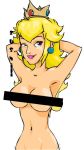 1girl armpits arms_behind_head arms_up artist_name bad_anatomy bar_censor blonde_hair blue_eyes breasts censored censored_nipples closed_mouth crown earrings eyelashes h4xx0rz_5upr3m3 jewelry long_hair looking_at_viewer mario_(series) medium_breasts navel nintendo nude pink_lips princess_peach simple_background smirk solo super_mario_bros. upper_body white_background zucchini_(artist)
