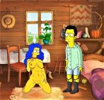  blue_hair breasts erect_nipples kneel marge_simpson milf nude pearls shaved_pussy the_simpsons thighs yellow_skin 