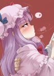  1girl ario bangs blunt_bangs blush bow breath bust capelet female hat heart hetero long_hair patchouli_knowledge profile purple_eyes purple_hair red_background saliva saliva_trail solo spoken_heart thought_bubble touhou upper_body 