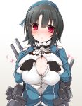 1girl bad_id bad_pixiv_id beret black_hair blush breasts female gloves hat kantai_collection large_breasts looking_at_viewer md5_mismatch nekoume open_clothes open_shirt opening_shirt red_eyes sexually_suggestive shirt short_hair simple_background solo takao_(kantai_collection) uniform