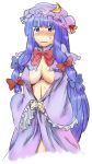  1girl blush breasts cleavage crescent crescent_moon female hair_ribbon hat hiroya hiroya_juuren moon open_clothes open_shirt patchouli_knowledge ribbon shirt solo touhou 