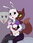 1girl 2021 anthro bare_breasts bite biting_lip breast_grab breasts bunny_(courage_the_cowardly_dog) cartoon_network clothed clothing courage_the_cowardly_dog dbaru dipstick_tail domestic_cat duo felid feline felis female/female fingering fingering_partner furry gasp green_sclera grope hand_on_breast high_res jewelry kitty_(courage_the_cowardly_dog) lagomorph leporid mammal mask multicolored_tail necklace nipples on_lap partially_clothed rabbit self_bite sitting sitting_on_bed sitting_on_lap vaginal vaginal_fingering