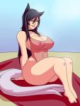 ahri beach big_breasts black_hair breasts cleavage collar dressed female female_only fox_ears fox_girl fox_tail huge_ass justonehumanjoh large_breasts league_of_legends long_hair looking_pleasured nipples nipples_through_clothes seductive seductive_look seductive_smile smile solo_female swimwear