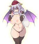  1girl bat_wings belly black_legwear blue_hair breasts condom condom_in_mouth copyright_request cum curvy female fuyu hat hips huge_breasts large_breasts long_hair mouth_hold navel nipples plump puffy_nipples raised_eyebrows red_eyes santa_hat solo thick_thighs thighhighs thighs used_condom wide_hips wings 