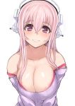  1girl areola_slip areolae bare_shoulders bra_strap breasts bust cleavage female headphones konoma large_breasts long_hair looking_at_viewer miyamoto_issa nitroplus off-shoulder_sweater off_shoulder pink_hair smile solo strap_slip super_sonico sweater upper_body 