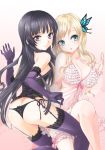  2girls ass babydoll bare_shoulders black_hair black_panties blonde_hair blue_eyes blush boku_wa_tomodachi_ga_sukunai breasts butt_crack butterfly_hair_ornament cleavage corset elbow_gloves female garter_straps garters gloves hair_ornament kashiwazaki_sena lace lace-trimmed_thighhighs large_breasts legs lingerie long_hair mikazuki_yozora multiple_girls mytyl open_mouth panties purple_eyes purple_legwear side-tie_panties thigh_strap thighhighs thighs thong underwear 