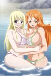  2_girls 2girls alluring big_breasts bikini bikini_bottom bikini_top blonde_hair breasts brown_eyes cleavage clothing crossover eyebrows eyelashes fairy_tail female_only hair long_hair lucy_heartfilia nami nami_(one_piece) neeba nipples one_piece open_mouth open_smile orange_hair partially_submerged shounen_jump swimsuit thick_thighs wading water wide_hips 