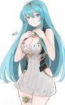  1girl 1girl 1girl alluring aqua_hair armor bangs big_breasts blush breasts cape cleavage cosplay dress eirika_(fire_emblem) embarrassed female_only fire_emblem fire_emblem:_the_sacred_stones hair_ornament high_res jewelry kgctcg long_hair looking_at_viewer mythra_(cosplay) nintendo no_bra no_panties no_underwear onee-chan revealing_clothes short_dress simple_background solo_female xenoblade_(series) xenoblade_chronicles_2 