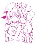  1girl animal_ears bare_shoulders breast_hold breast_squeeze breasts bust cat_ears covered_nipples crescent erect_nipples female hat homura_subaru kemonomimi_mode large_breasts long_hair low-tied_long_hair monochrome patchouli_knowledge solo touhou upper_body 