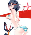  1girl ass black_hair blue_eyes bra breasts covering covering_breasts kill_la_kill living_clothes matoi_ryuuko multicolored_hair panties senketsu short_hair striped striped_bra striped_panties two-tone_hair underwear underwear_only uobito 