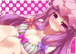  1girl bare_shoulders blush bow bra breasts cleavage female hair_bow hat large_breasts long_hair looking_at_viewer patchouli_knowledge payot purple_eyes purple_hair sidelocks snowcanvas solo striped striped_bra touhou underwear underwear_only very_long_hair 