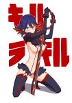  1girl background_text blue_eyes boots breasts clearite clenched_teeth copyright_name gloves hairpods highres horns kill_la_kill matoi_ryuuko midriff multicolored_hair navel planted_weapon red_hair revealing_clothes scissor_blade senketsu short_hair skirt solo squatting suspenders sword teeth thigh_boots thighhighs two-tone_hair underboob weapon 