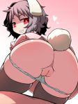  1girl animal_ears anus ass black_hair black_legwear bunny_ears bunny_tail fat_mons female from_behind gradient gradient_background grin hakika heart inaba_tewi looking_back panties panty_pull pov_ass pussy red_eyes short_hair smile solo stained_panties tail thighhighs touhou uncensored underwear 