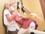  2girls against_wall age_difference art bare_legs bent_over blonde blonde_hair blue_eyes blush eye_contact fang female game_cg girl_on_top green_eyes hair hair_ribbon hairclip half-closed_eyes hand_on_shoulder houraisen_runa incipient_kiss legs light_brown_hair long_hair long_sleeves looking_at_another love multiple_girls naughty_face nervous open_mouth panties peko ribbon scared school_uniform shy sitting sitting_on_person skirt_lift smile sono_hanabira_ni_kuchizuke_wo striped striped_panties suminoe_takako sweat teacher teacher_and_student twintails very_long_hair yuri 