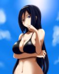  1girl bikini black_hair blue_eyes breast_hold breast_squeeze breasts bust cleavage female frown hair_between_eyes hairband hyouka irisu_fuyumi large_breasts long_hair md5_mismatch navel ryuusama solo sun swimsuit upper_body wide_hips 