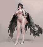  1girl albedo_(overlord) big_ass big_breasts horns janggun lingerie platform_shoes pubic_hair pubic_hair_peek seductive succubus wedding_lingerie wings 