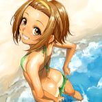  1girl ass beach bikini brown_eyes brown_hair cute k-on! looking_at_viewer ocean short_hair small_breasts smile tainaka_ritsu teeth 