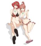 2_girls alluring arms_up big_breasts bikini blush breasts censored chest_jewel collarbone commentary dangle_earrings earrings feet full_body glimmer_(xenoblade) heel_up high_ponytail high_res jewelry kneepits legs long_hair looking_at_viewer medium_hair milf mitsugu mother_&amp;_daughter multiple_girls navel nintendo open_mouth pyra red_eyes red_hair sandals shoe_soles sidelocks sitting swept_bangs swimsuit tiara white_background xenoblade_(series) xenoblade_chronicles_(series) xenoblade_chronicles_2 xenoblade_chronicles_3 xenoblade_chronicles_3:_future_redeemed