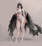 1girl albedo_(overlord) big_ass big_breasts horns janggun lingerie platform_shoes seductive succubus wedding_lingerie wings