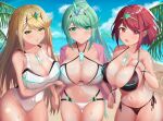  3_girls absurd_res alluring beach big_breasts big_breasts bikini black_bikini blonde_hair breasts clouds core_crystal earrings green_eyes green_hair hand_on_breast high_ponytail holding_hands long_hair looking_at_viewer midriff multi-strapped_bikini multiple_girls multiple_persona mythra nintendo one-piece_swimsuit outside palm_tree pneuma_(xenoblade) ponytail pyra red_eyes red_hair shiratamaaji short_hair side-tie_bikini sky swimsuit tiara water white_bikini white_one-piece_swimsuit xenoblade_(series) xenoblade_chronicles_2 yellow_eyes 