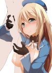  1girl atago_(kantai_collection) black_gloves blonde_hair blue_eyes blush breasts breasts_outside caressing_testicles female gloves handjob hat kantai_collection large_breasts light_smile long_hair nipples penis personification solo_focus tera_zip testicles uncensored 