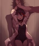  1boy 1girl against_wall alternate_costume arm arms arms_up bad_id bdsm black_hair blue_eyes blush bondage bound bound_wrists breasts cleavage coat couple kill_la_kill labcoat looking_up matoi_ryuuko mikisugi_aikurou multicolored_hair one-piece_swimsuit open_mouth red_hair restrained shadow short_hair solo_focus suzuen swimsuit swimsuit_under_clothes two-tone_hair wet wet_clothes wrist_grab you_gonna_get_raped 