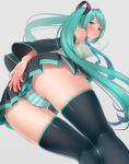  1girl ama_mitsuki aqua_eyes aqua_hair ass bare_shoulders bent_over black_legwear blush breasts cameltoe detached_sleeves erect_nipples female from_behind hair_ornament hatsune_miku lips long_hair looking_at_viewer panties pantyshot simple_background skindentation solo striped striped_panties thighhighs twintails underwear upskirt vocaloid 