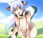  1girl animal_ears bare_shoulders bent_over blue_hair blush breast_squeeze breasts brown_eyes cleavage cow_ears cow_girl cow_print cow_tail female fuyu holstaurus horns huge_breasts leaning_forward long_hair looking_at_viewer open_mouth original scarf solo tail 