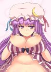  1girl blush breasts crescent female hands_up hat heart heart-shaped_pupils large_breasts long_hair nipples ocha_(ochappie) patchouli_knowledge pink_background purple_eyes purple_hair simple_background smile solo striped symbol-shaped_pupils touhou 
